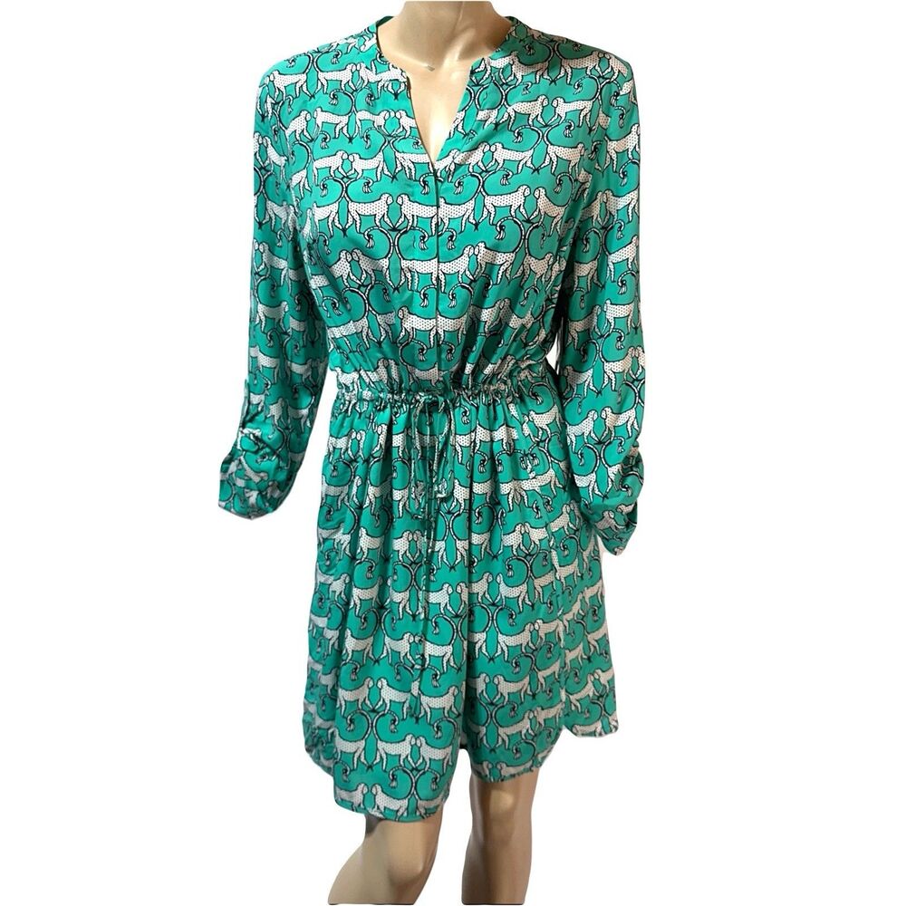 Crown & Ivy Monkey Print Shirt Dress Size 16 Green Drawstring Roll Tab NWT